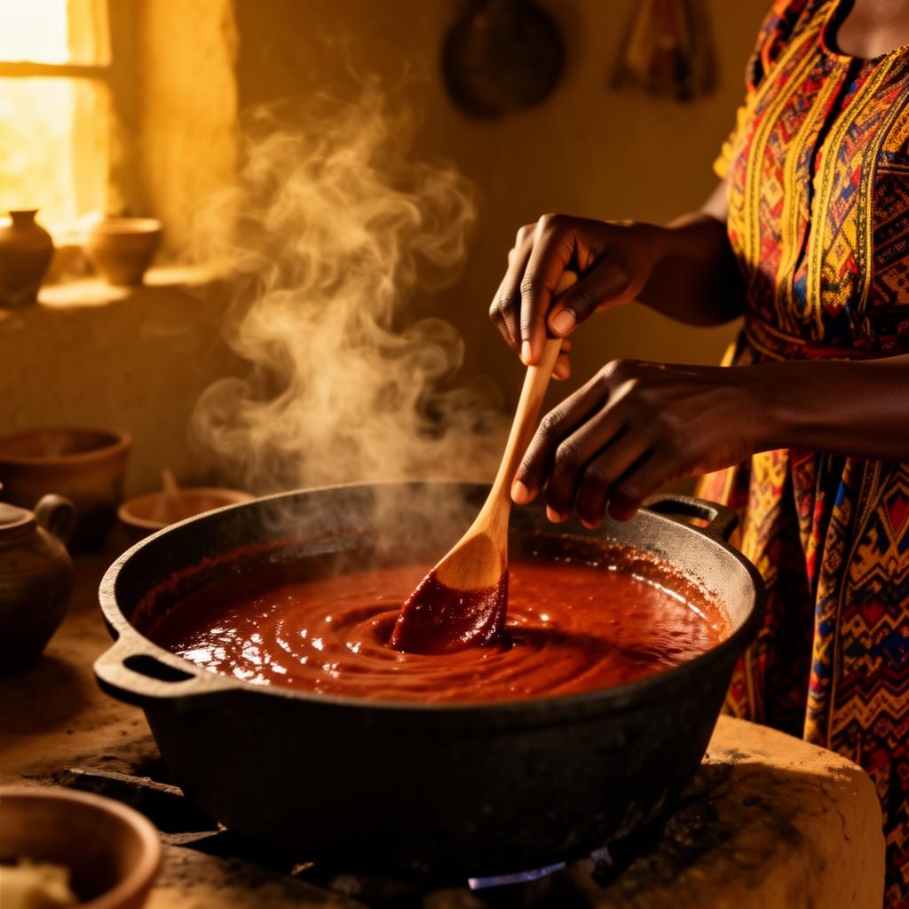Hands stirring traditional Ghanaian sauce
